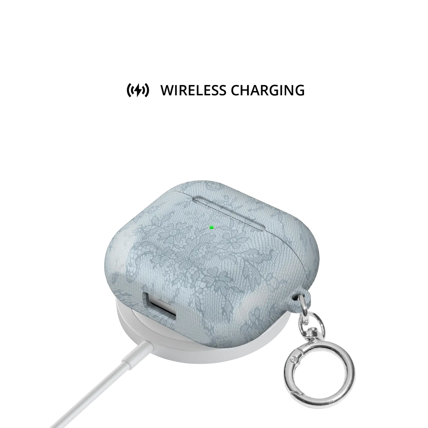 Antique Azul AirPods case — shown on wireless charging pad, Qi compatible without removing case