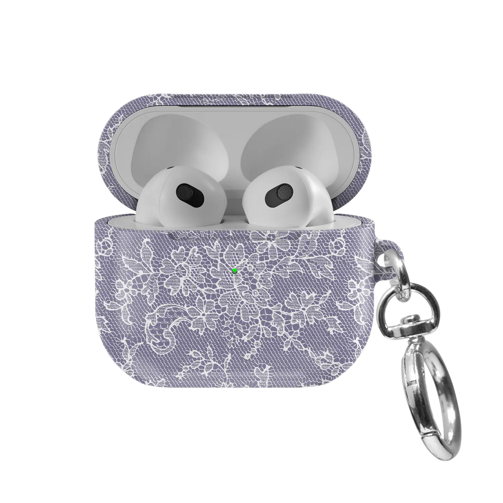Amethyst Veil AirPods case — front view with lid open, showing lavender lace print and AirPods nested inside