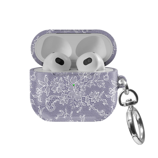 Amethyst Veil AirPods case — front view with lid open, showing lavender lace print and AirPods nested inside