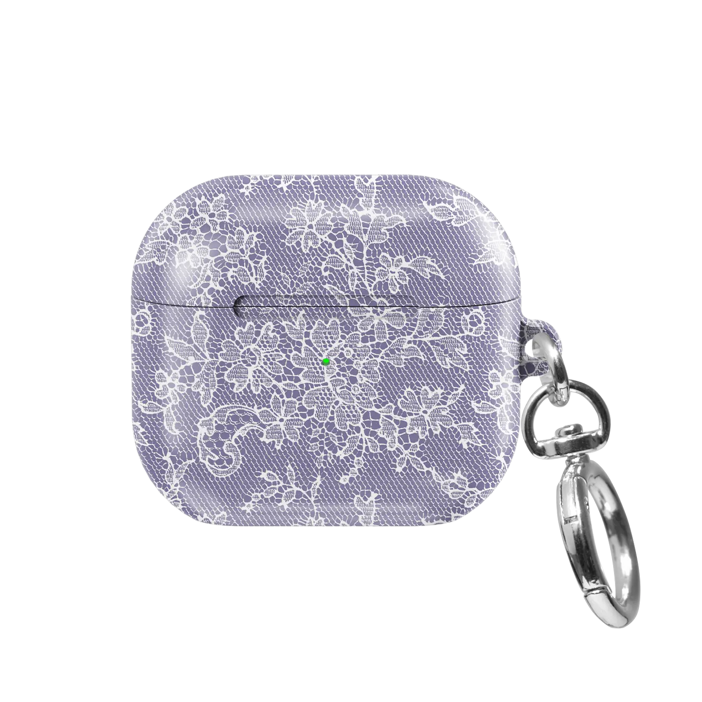 Amethyst Veil AirPods case — front view showing delicate white floral lace on pastel purple with keychain clasp