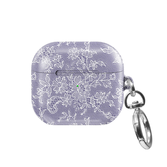 Amethyst Veil AirPods case — front view showing delicate white floral lace on pastel purple with keychain clasp