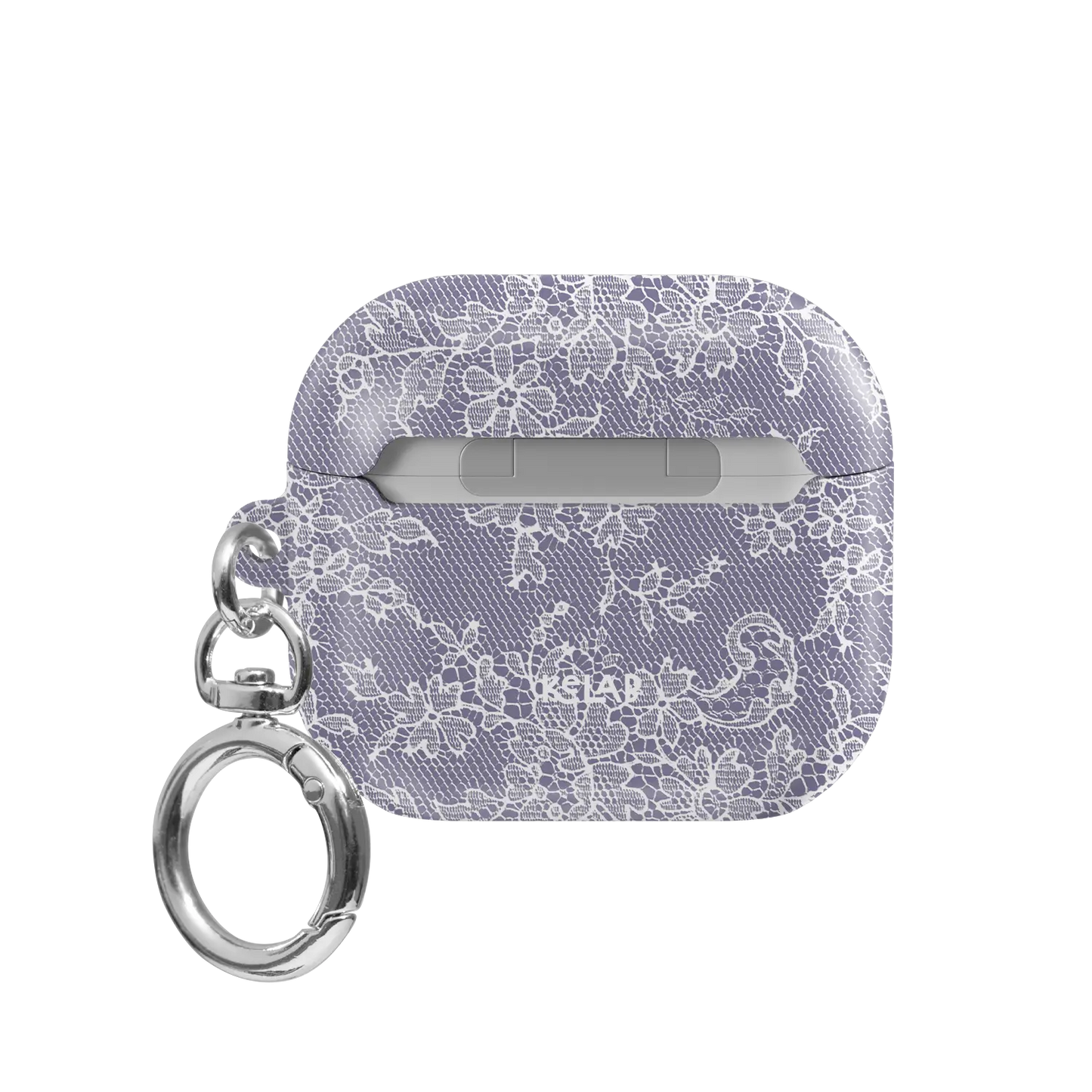 Amethyst Veil AirPods case — back view showing lavender lace pattern