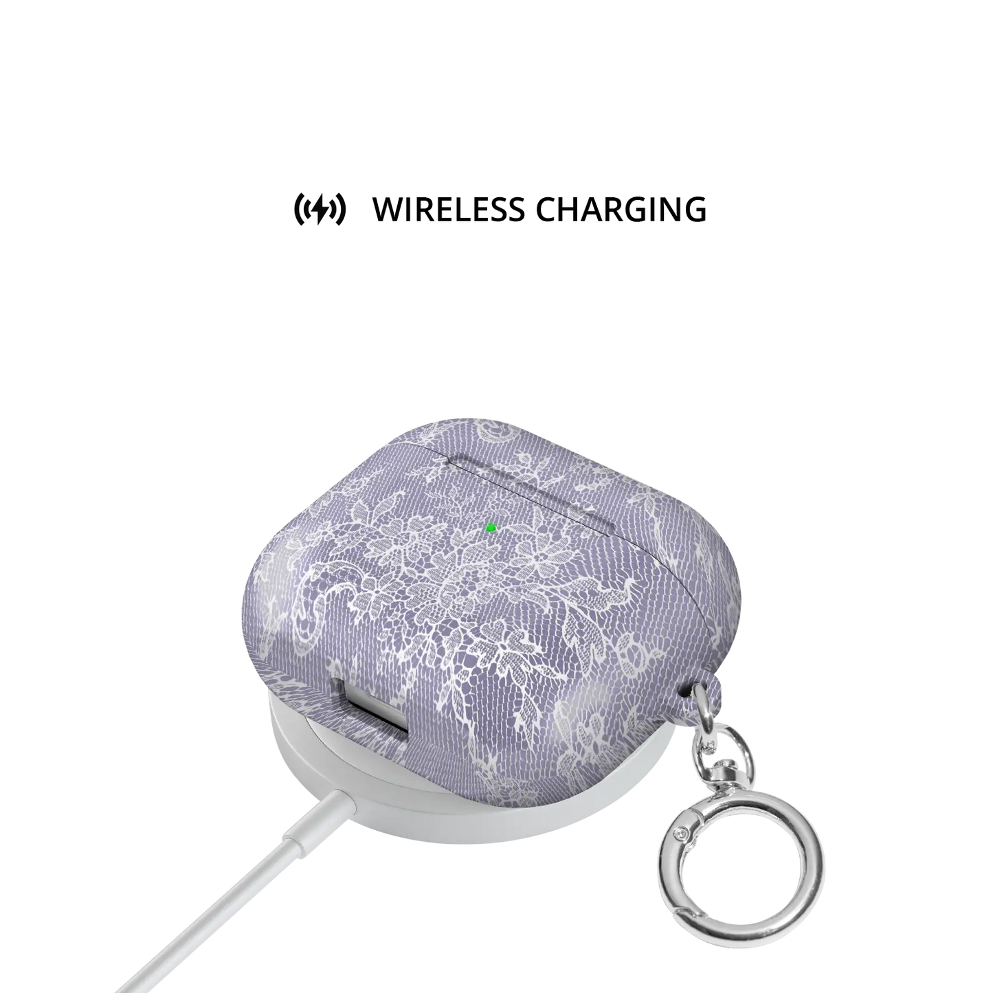 Amethyst Veil AirPods case — shown on wireless charging pad, Qi compatible without removing case