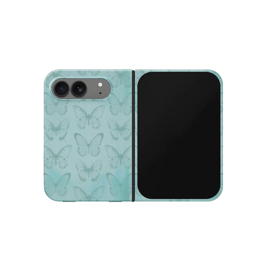 Teal Butterfly, Cottagecore Boho iPhone 18 Fold Case, unfolded front view