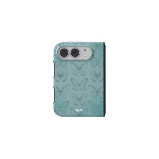 Teal Butterfly, Cottagecore Boho iPhone 18 Fold Case, unfolded front view