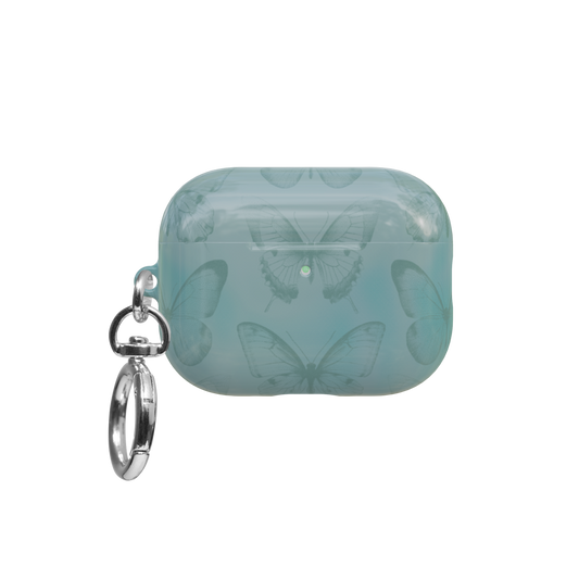 Teal Butterfly airpods pro case front view with closed lid and keychain