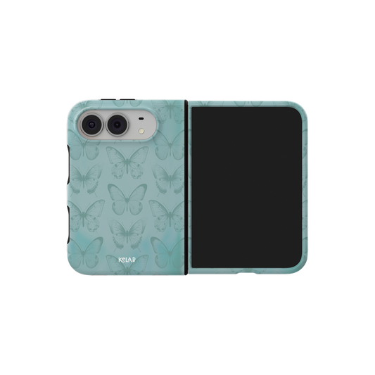 Teal Butterfly, Cottagecore Boho iPhone 18 Fold Case, unfolded side view showing the hinge