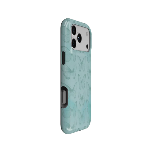Teal Butterfly, Cottagecore Boho iPhone Case, side angle view showing precise button cutouts and wraparound edge