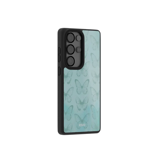 Teal butterfly Samsung Galaxy case at a side angle showing the wrapped button covers