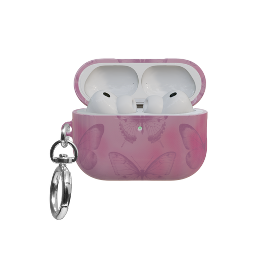 Pink Butterfly airpods pro case front view with open lid and keychain
