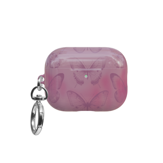Pink Butterfly airpods pro case front view with closed lid and keychain