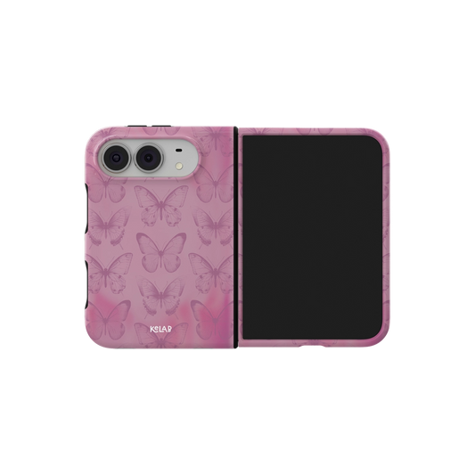 Pink Butterfly, Coquette Cottagecore iPhone 18 Fold Case, unfolded side view showing the hinge
