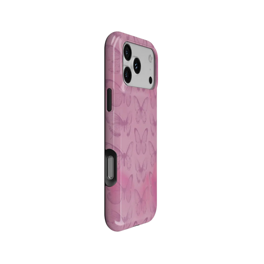 Pink Butterfly, Coquette Cottagecore iPhone Case, side angle view showing precise button cutouts and wraparound edge