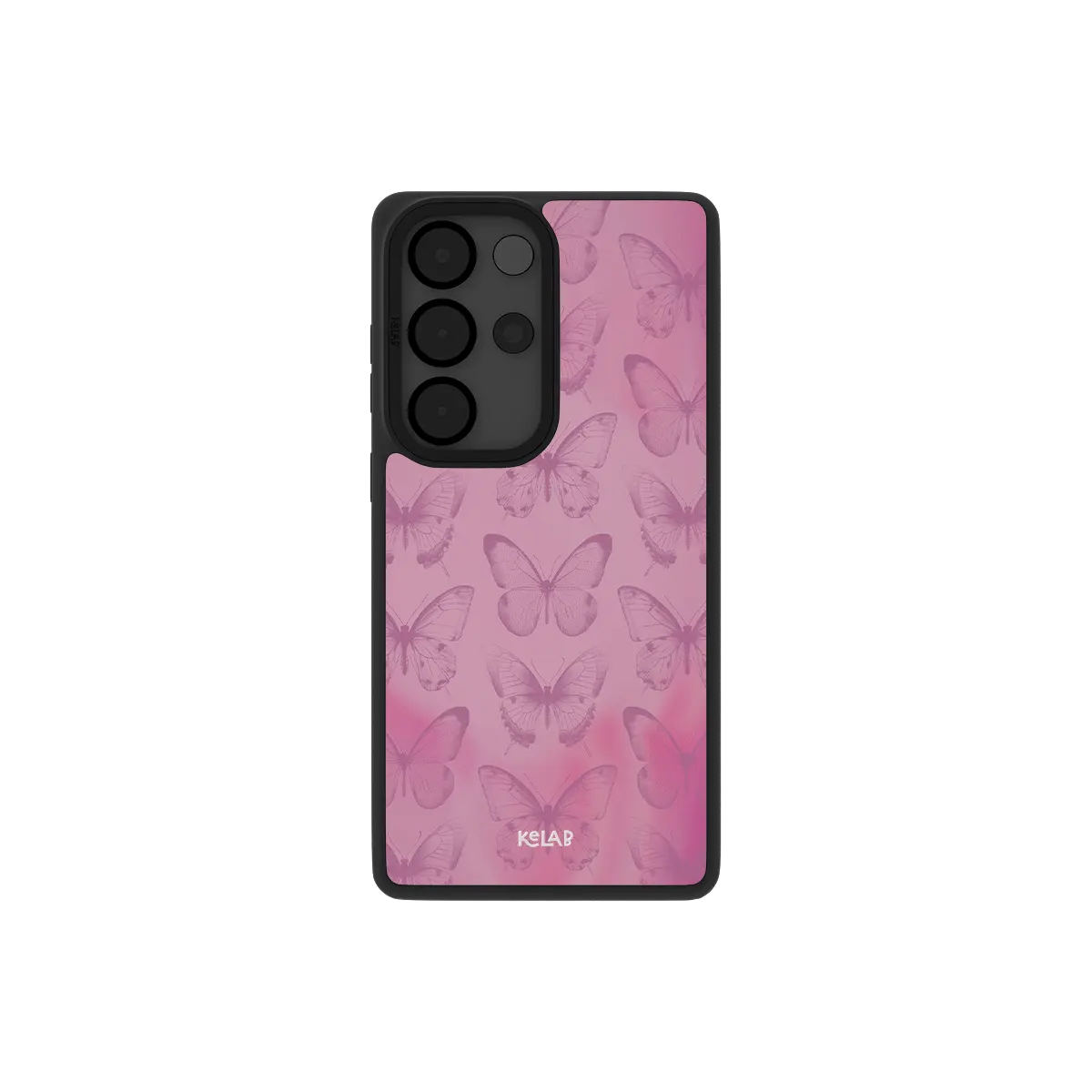 Pink butterfly Samsung Galaxy case, back view with butterflies on a rose and magenta gradient around the camera cutout