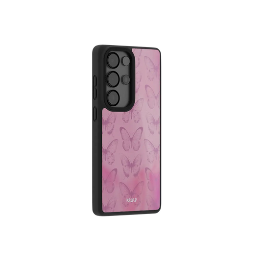 Pink butterfly Samsung Galaxy case at a side angle showing the wrapped button covers