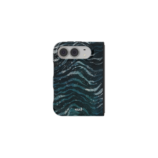 Teal Zebra Print, Ocean Marble iPhone 18 Fold Case, unfolded front view