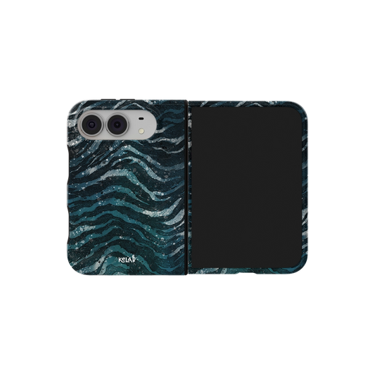 Teal Zebra Print, Ocean Marble iPhone 18 Fold Case, unfolded side view showing the hinge