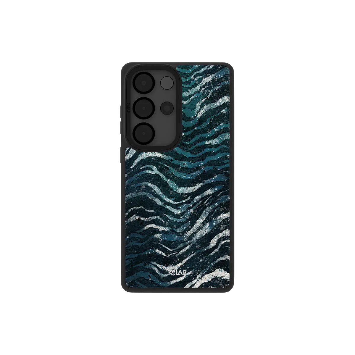 Teal zebra print Samsung Galaxy case, back view with blue green marbled stripes around the camera cutout