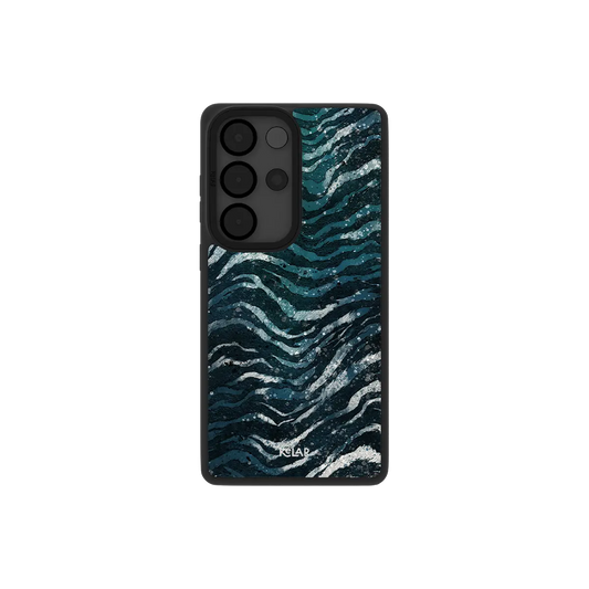 Teal zebra print Samsung Galaxy case, back view with blue green marbled stripes around the camera cutout