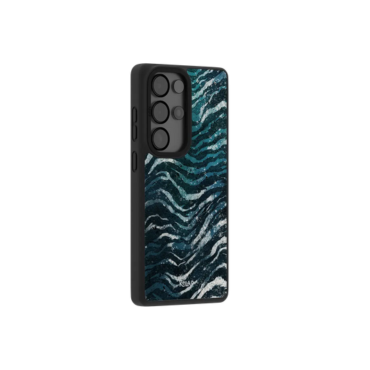 Teal zebra print Samsung Galaxy case at a side angle showing the wrapped button covers