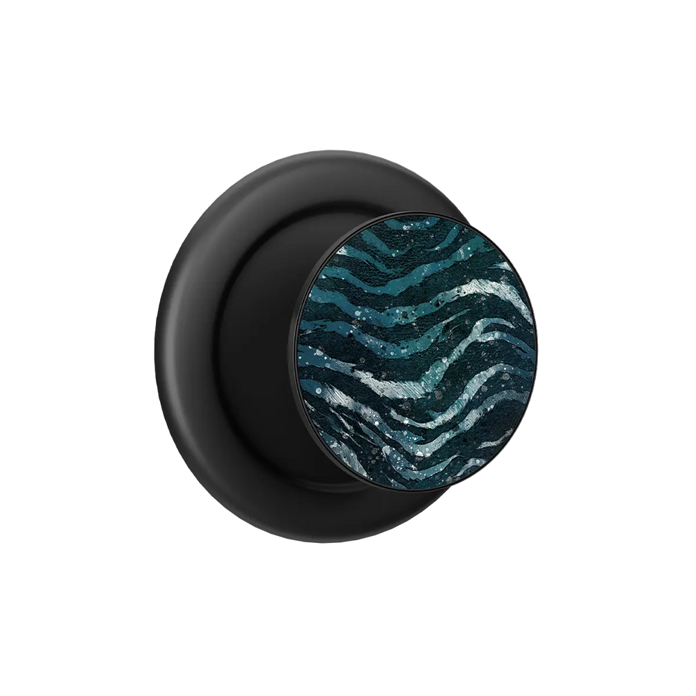 Black PopSockets phone grip with a textured blue wave design for secure holding and easy access