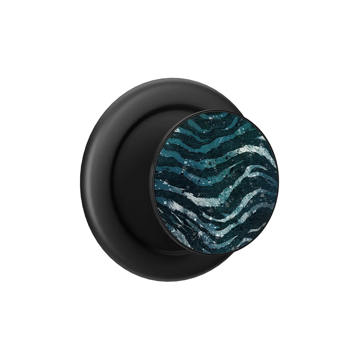 Black PopSockets phone grip with a textured blue wave design for secure holding and easy access