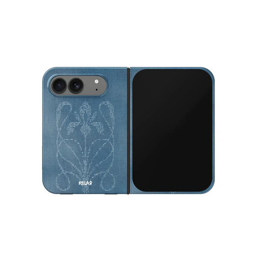 Indigo ASCII Floral, Typewriter Denim iPhone 18 Fold Case, unfolded front view