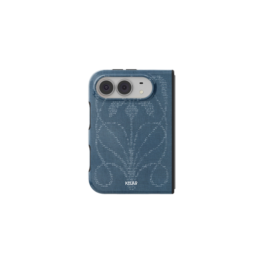 Indigo ASCII Floral, Typewriter Denim iPhone 18 Fold Case, unfolded front view