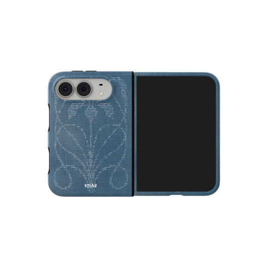 Indigo ASCII Floral, Typewriter Denim iPhone 18 Fold Case, unfolded side view showing the hinge