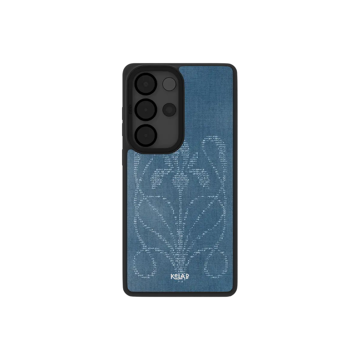 Indigo ASCII floral Samsung Galaxy case, back view with typewriter botanicals on washed denim around the camera cutout