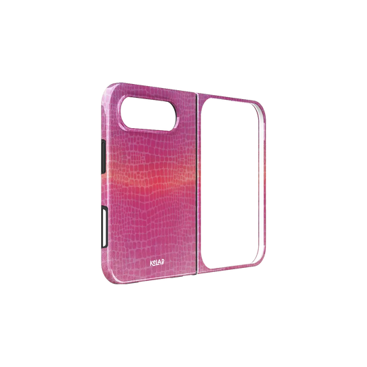 Pink Croc, Gradient Crocodile Texture iPhone 18 Fold Case, unfolded side view showing the hinge