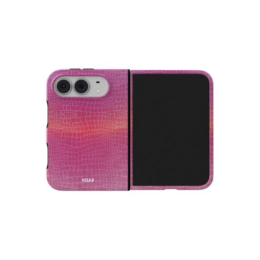 Pink Croc, Gradient Crocodile Texture iPhone 18 Fold Case, unfolded side view showing the hinge