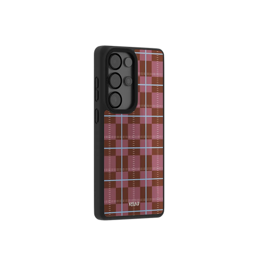 Maroon tartan plaid Samsung Galaxy case at a side angle showing the wrapped button covers