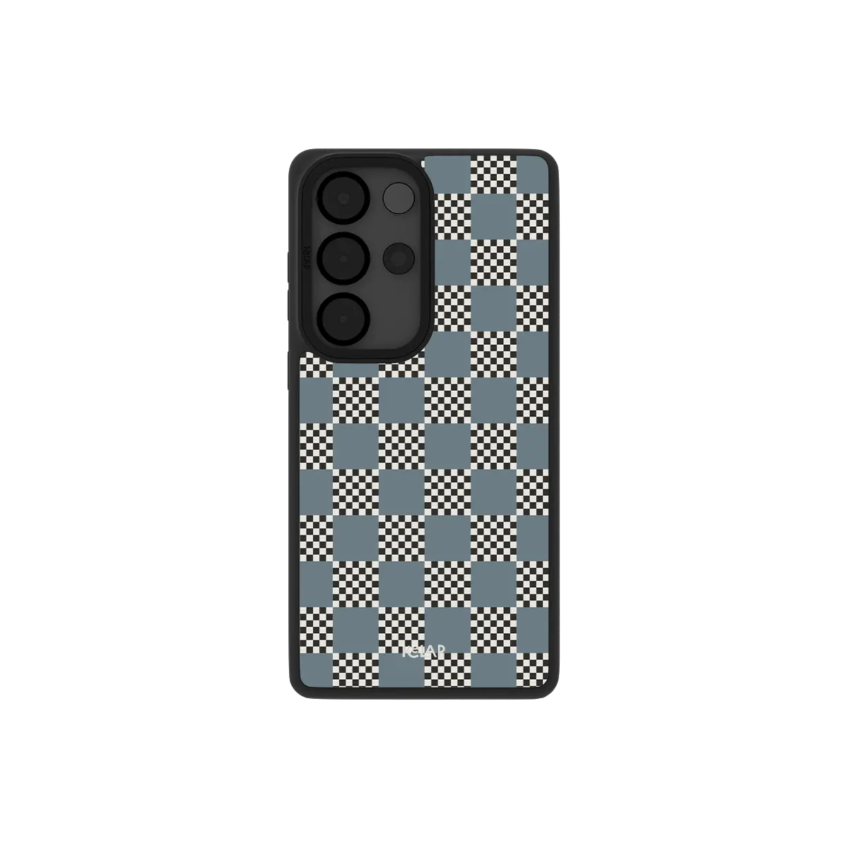 Blue checkerboard Samsung Galaxy case, back view with washed denim checks around the camera cutout