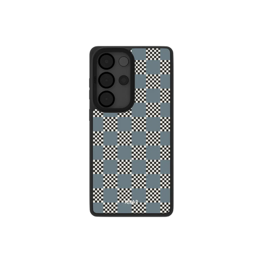 Blue checkerboard Samsung Galaxy case, back view with washed denim checks around the camera cutout