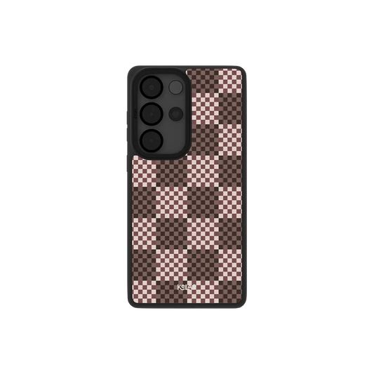 Brown checkerboard Samsung Galaxy case, back view with espresso, mocha and blush checks around the camera cutout