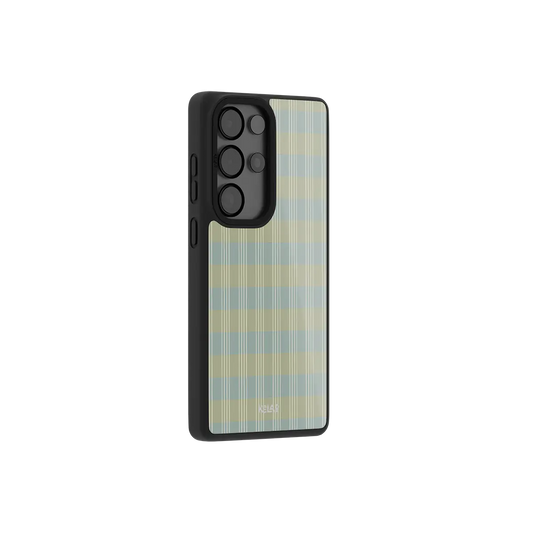 Sage green tartan plaid Samsung Galaxy case at a side angle showing the wrapped button covers