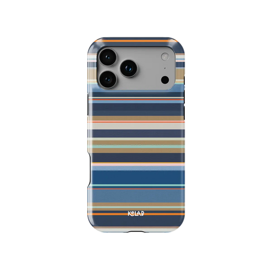 Navy nautical multi-stripe Tough iPhone case, front view showing the pattern.