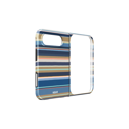 Navy Nautical Stripe, Coastal Multi iPhone 18 Fold Case, unfolded side view showing the hinge
