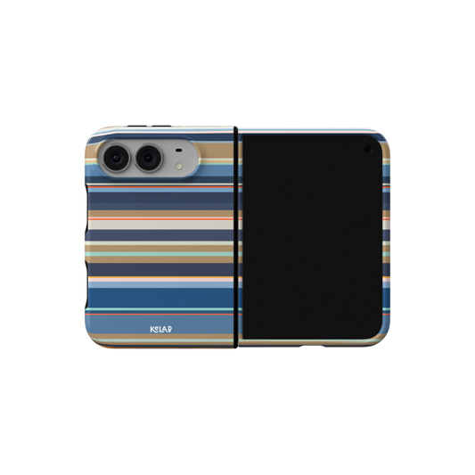 Navy Nautical Stripe, Coastal Multi iPhone 18 Fold Case, unfolded side view showing the hinge