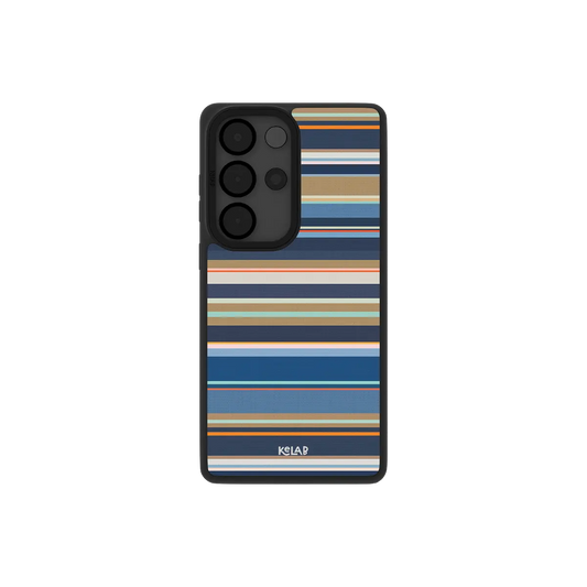 Navy nautical stripe Samsung Galaxy case, back view with indigo, tan and coral bands around the camera cutout