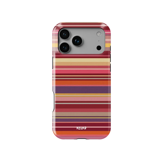 Warm red multi-stripe Tough iPhone case, front view showing the pattern.