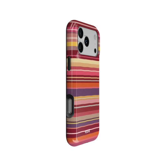 Warm red multi-stripe Tough iPhone case, side view with pattern wrapped around buttons.