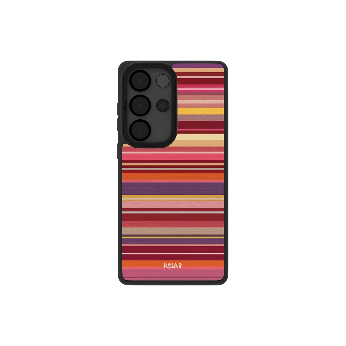Red multi stripe Samsung Galaxy case, back view with crimson, rust and plum bands around the camera cutout