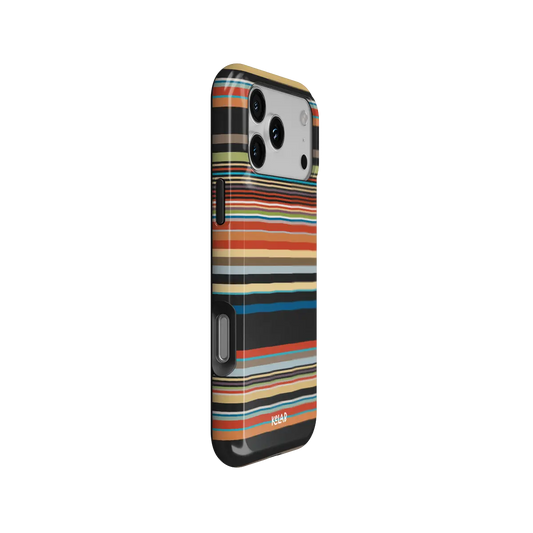 Colourful multi-stripe Tough iPhone case, side view with pattern wrapped around buttons.