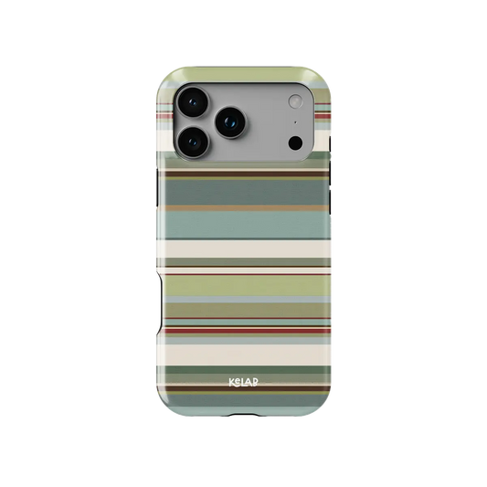 Sage green multi-stripe Tough iPhone case, front view showing the pattern.