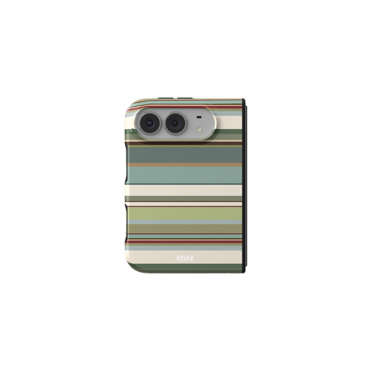 Sage Green Multi Stripe, Earthy Vintage iPhone 18 Fold Case, unfolded front view