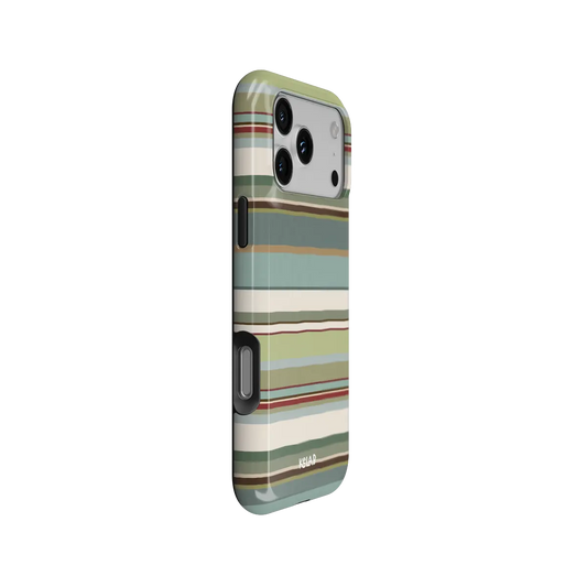 Sage green multi-stripe Tough iPhone case, side view with pattern wrapped around buttons.