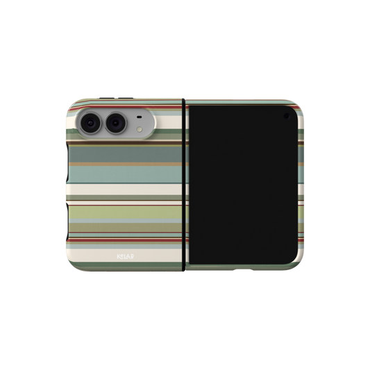 Sage Green Multi Stripe, Earthy Vintage iPhone 18 Fold Case, unfolded side view showing the hinge