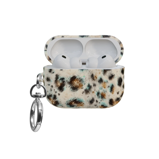 Teal Leopard airpods pro case front view with open lid and keychain